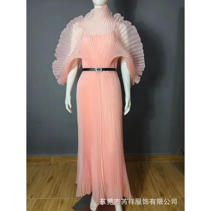 KAF European American Women Elegant Evening Party Dress Solid Color High Neck Loose Large Size Folding Design Casual Dresses