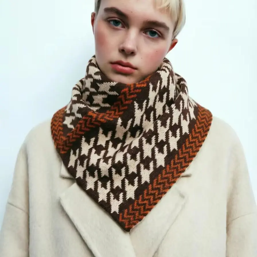Warm Neck Houndstooth Knit Triangle Scarf Warmer Unisex for Women Soft Winter Fashion Accessory Korean Style Bandana Scarf