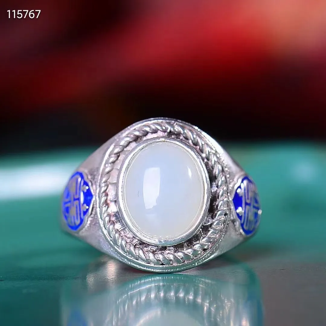 

Natural 100% real 925 sterling silver rings inlaid white hetian jade rings oval Open Ring jade rings for women engagement gift