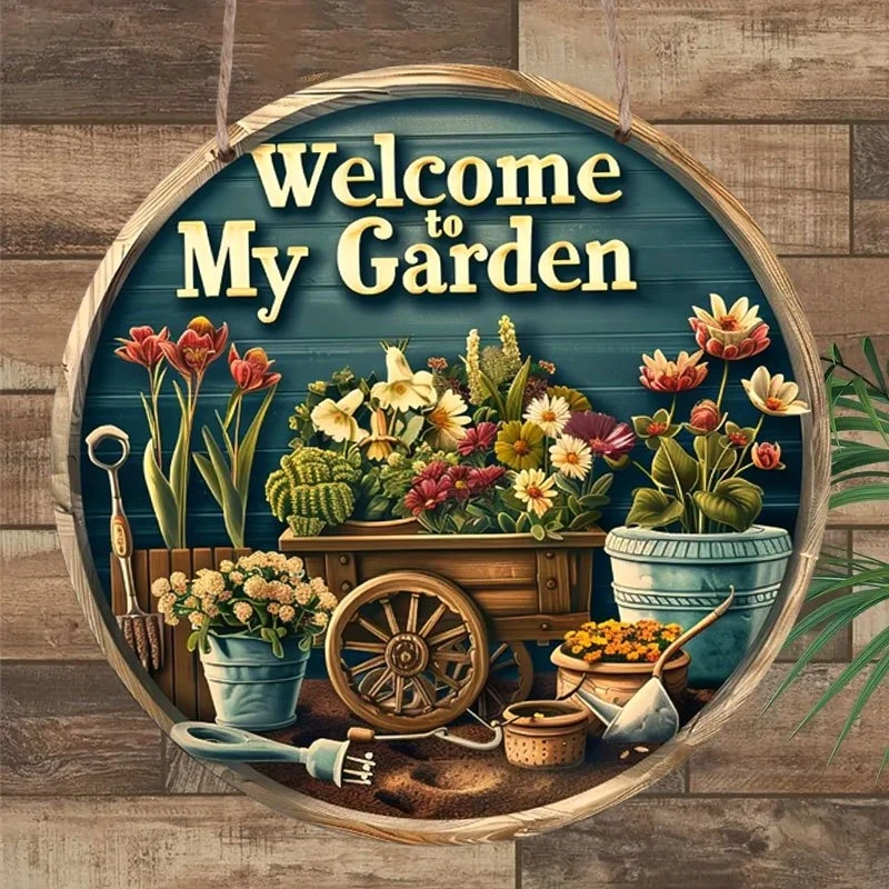 1 Piece 2D Welcome to My Garden Sign 8 Inch Round Wooden Wall Sign for Indoor and Outdoor Farm Restaurant Garden Bar Cafe