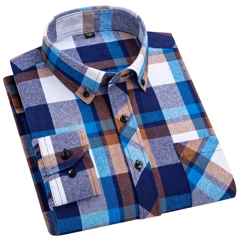 

Mens Blue Plaid Shirt Long Sleeve Casual Comfortable Business Young Fashion New Slim Fit 100% Pure Cotton Large Size 5XL 6XL 7XL