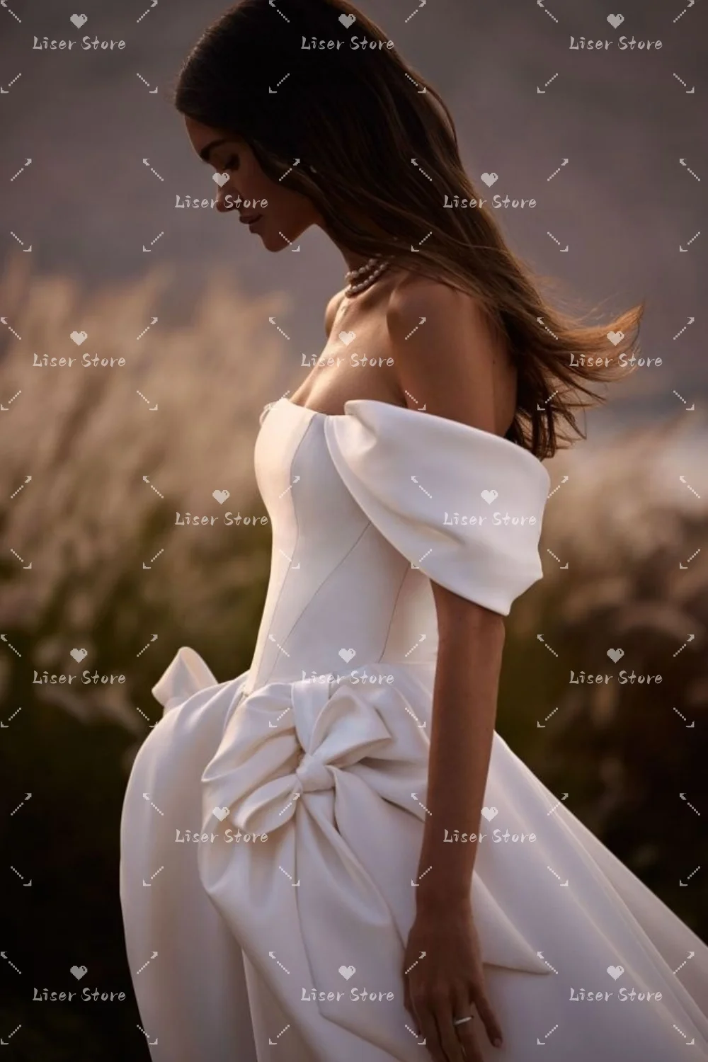 Liser Customized Ivory Off Shoulder Fold Satin Wedding Dress Big Side Bow Detail Voluminous Skirt Long Train Simple Bridal Gown
