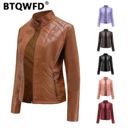 BTQWFD-abrigos de invierno para mujer, chaquetas de moda, ropa femenina de manga larga, cuello alto, prendas de vestir de motorista de cuero PU para mujer, otoño