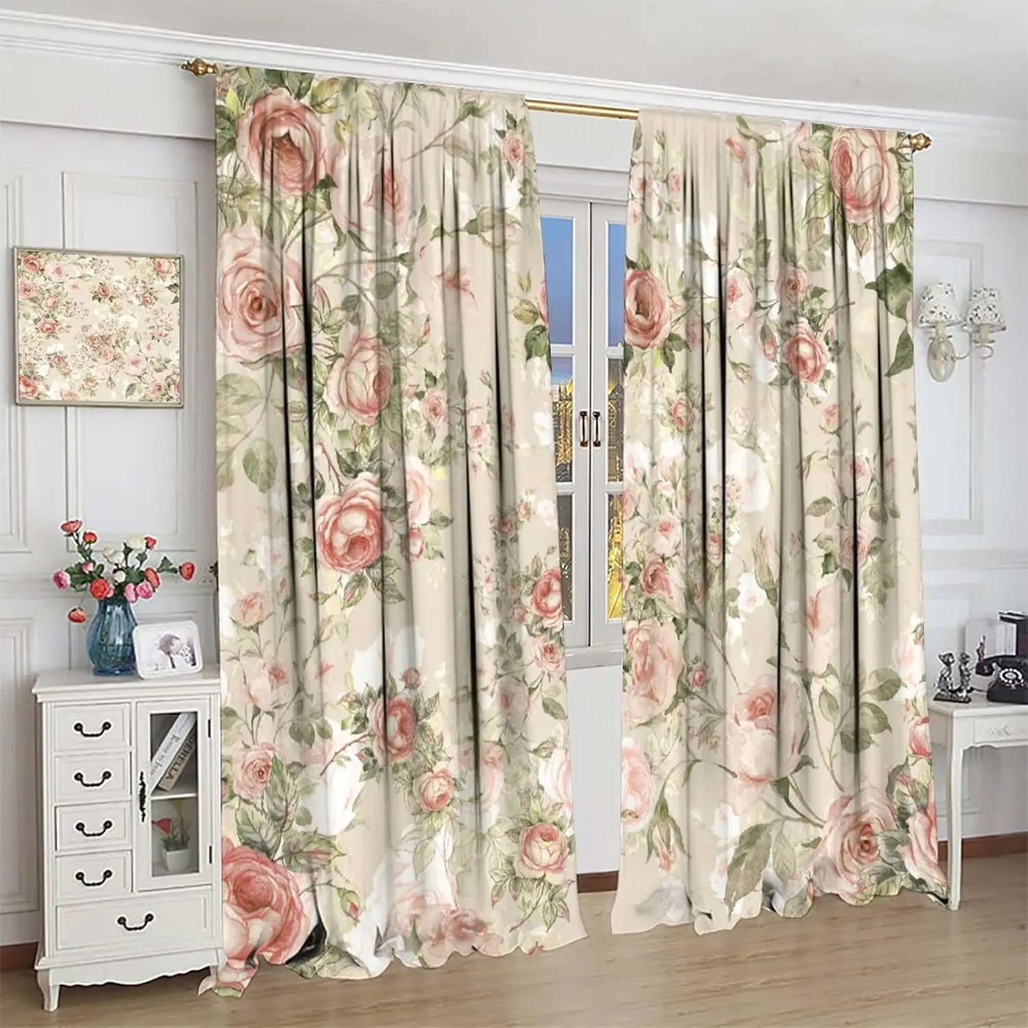 

Lovely Rose Decorative Curtains, Red and White Vintage Rose Floral Delicate Pattern for Living Room Bedroom and Dining Room