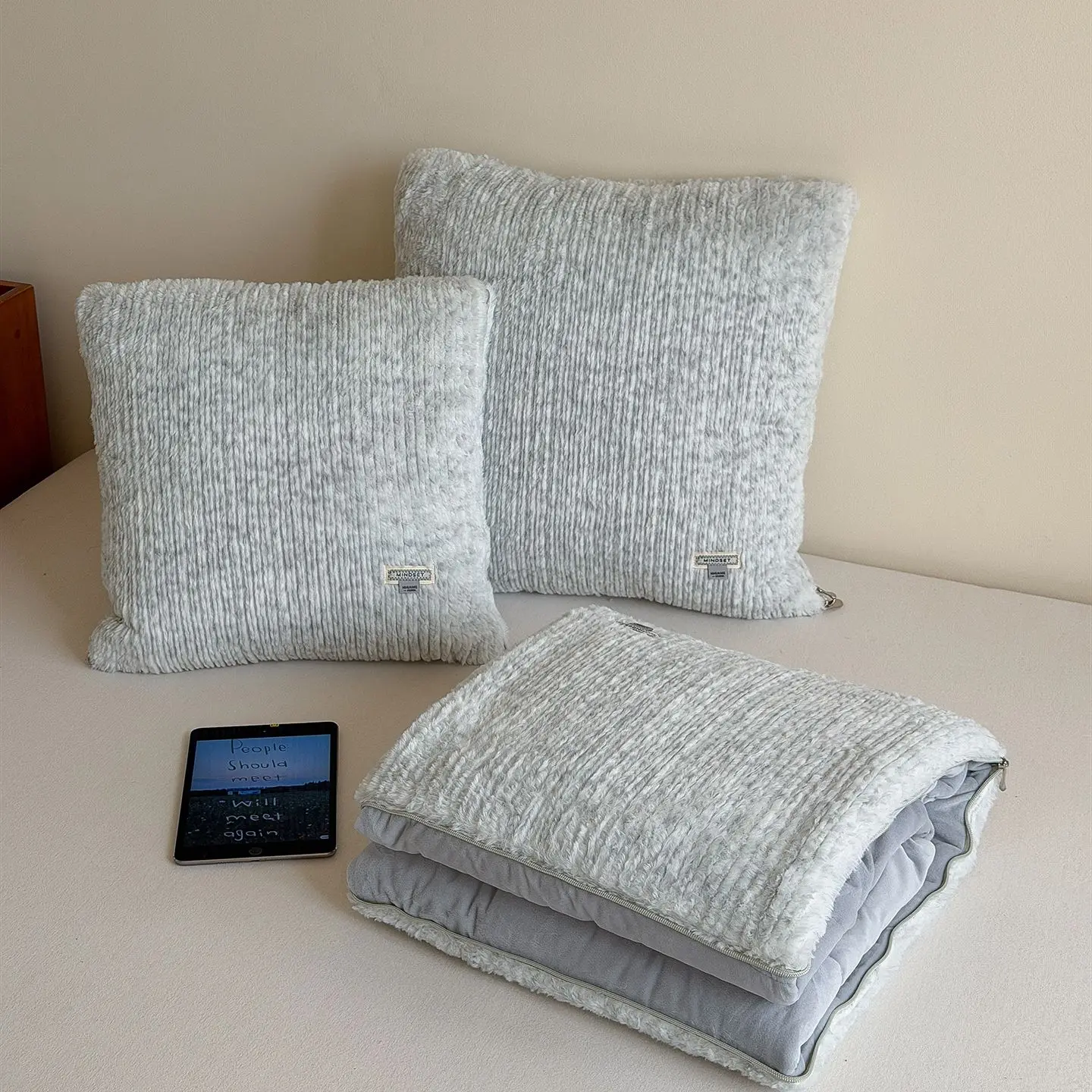 Light Gray Faux Fur Convertible Pillow Blanket, Portable Foldable Dual-use Cushion for Home Office Travel, Soft Warm Throw