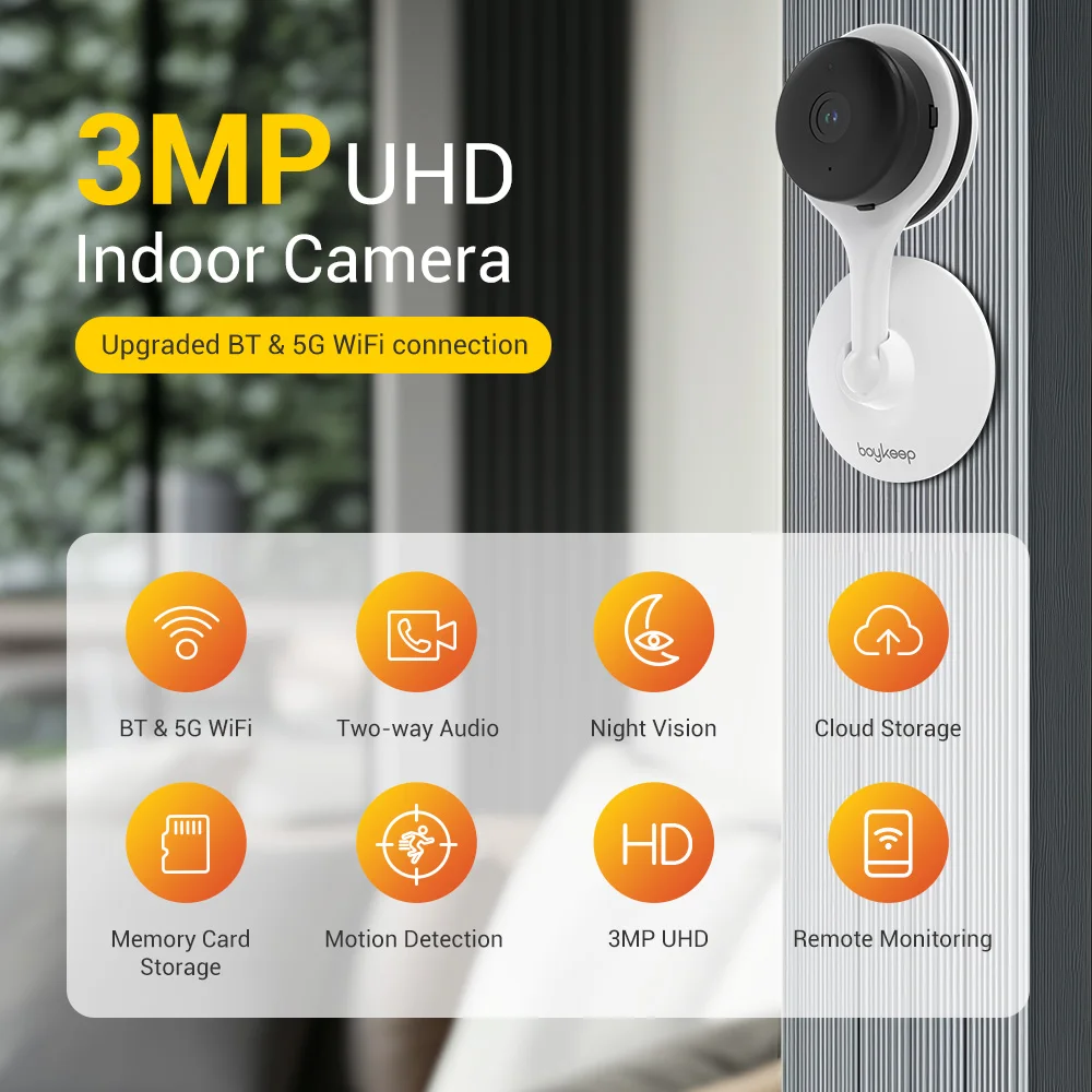 

Умная камера Boykeep 4MP с разрешением 2K FHD, Wi-Fi 2.4G/5G, ИК ночное видение, двусторонняя аудиосвязь, обнаружение движения, локальное/облачное хранилище