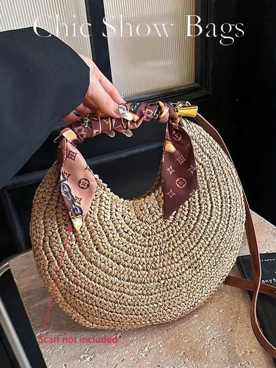 Vintage Crescent-Shaped Straw Shoulder Bag With Scarf Decor, Casual Hollow Woven Crossbody Bag, Suitable For Vacation