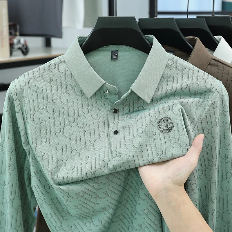 Summer Mens Printed Polo Top Turn Down Collar Button Closure Chest Badge Embroidery Lightweight Mesh Business Garment