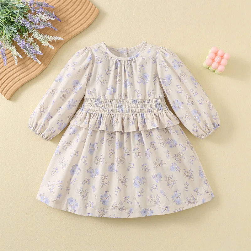 

2024 Girl Clothes Children Western Style Long-Sleeved Broken Floral Printed Korean Spring Autumn Outfit Kid's Princess Dresses