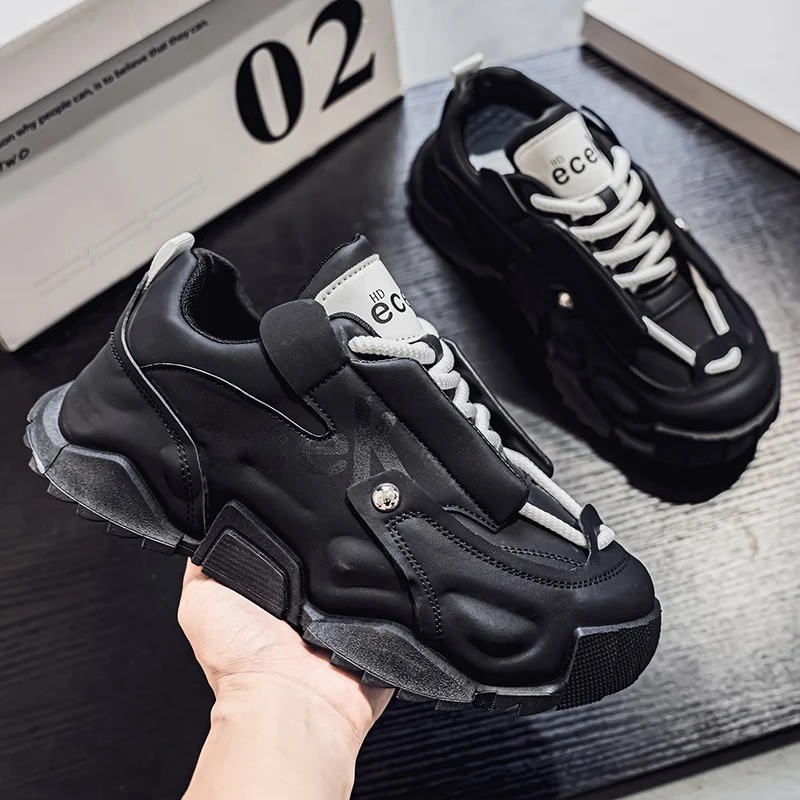 

European Station Autumn New Men's Trendy Leather Thick-soled Height-increasing Casual Shoes Bag Sole Fashion Sneakers
