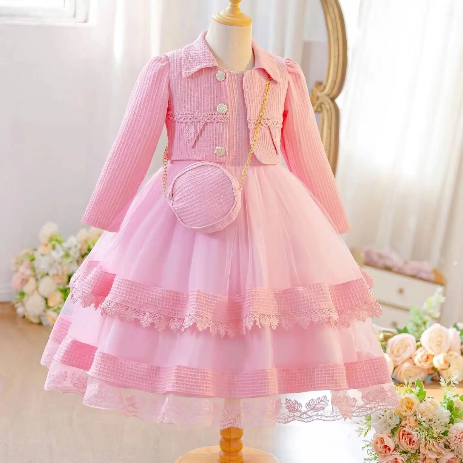 Girl Elegant Dress with Bag 3PCS Lace Embroidery Child Girls' Party Dresses Kids Girly Clothes 3-8Y