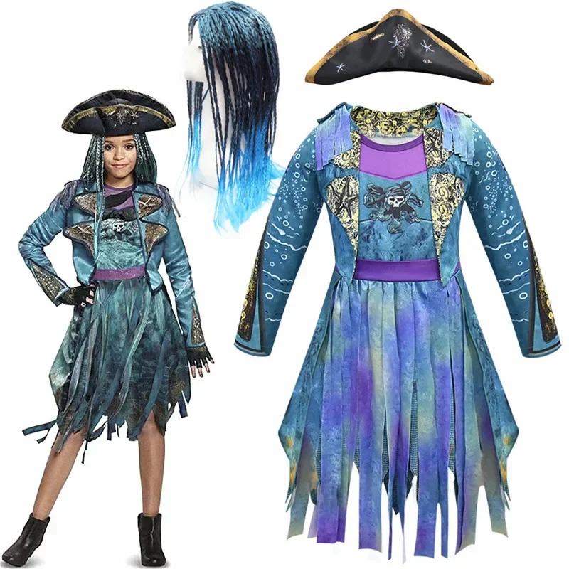 Mal Bertha Cosplay Costume para Crianças, Malévola Curls, Live Evil Straight Blue, Girls Cap Dress, Halloween, Descendentes 3