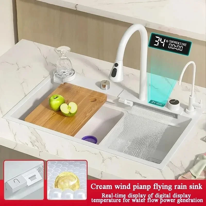 Digital Display Feiyu Waterfall Kitchen Sink 304 Stainless Steel Vegetable Wash Basin Nano Handmade Milk White Large Single Tank