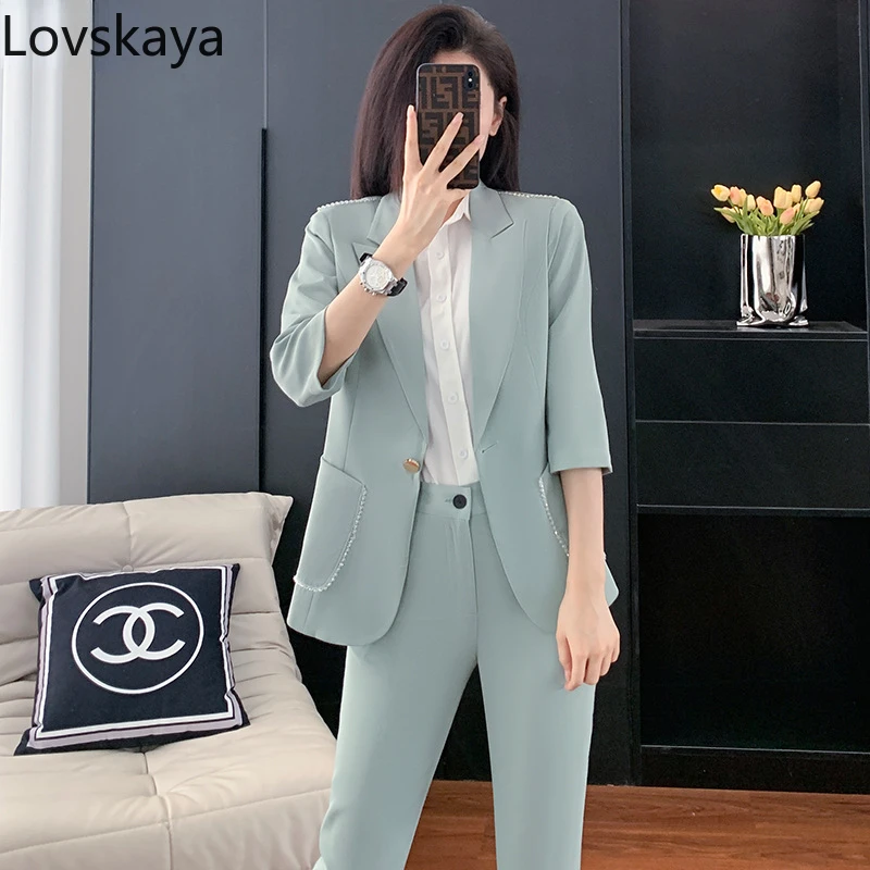 New high-end seven quarter sleeved casual professional suit formal white suit set women's thin summer Korean version