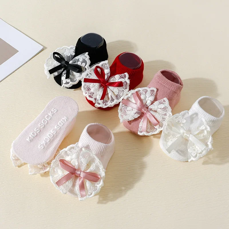 Princess Baby Girl Boat Sock Soft Cotton Newborn Lace Bow Socks Baby First Walkers Anti-Slip Short Socks