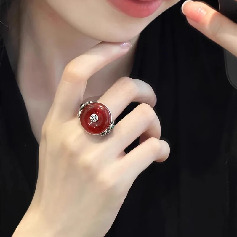 925 prata ágata fivela de segurança anel feminino retro novo estilo literário chinês e étnico jóias