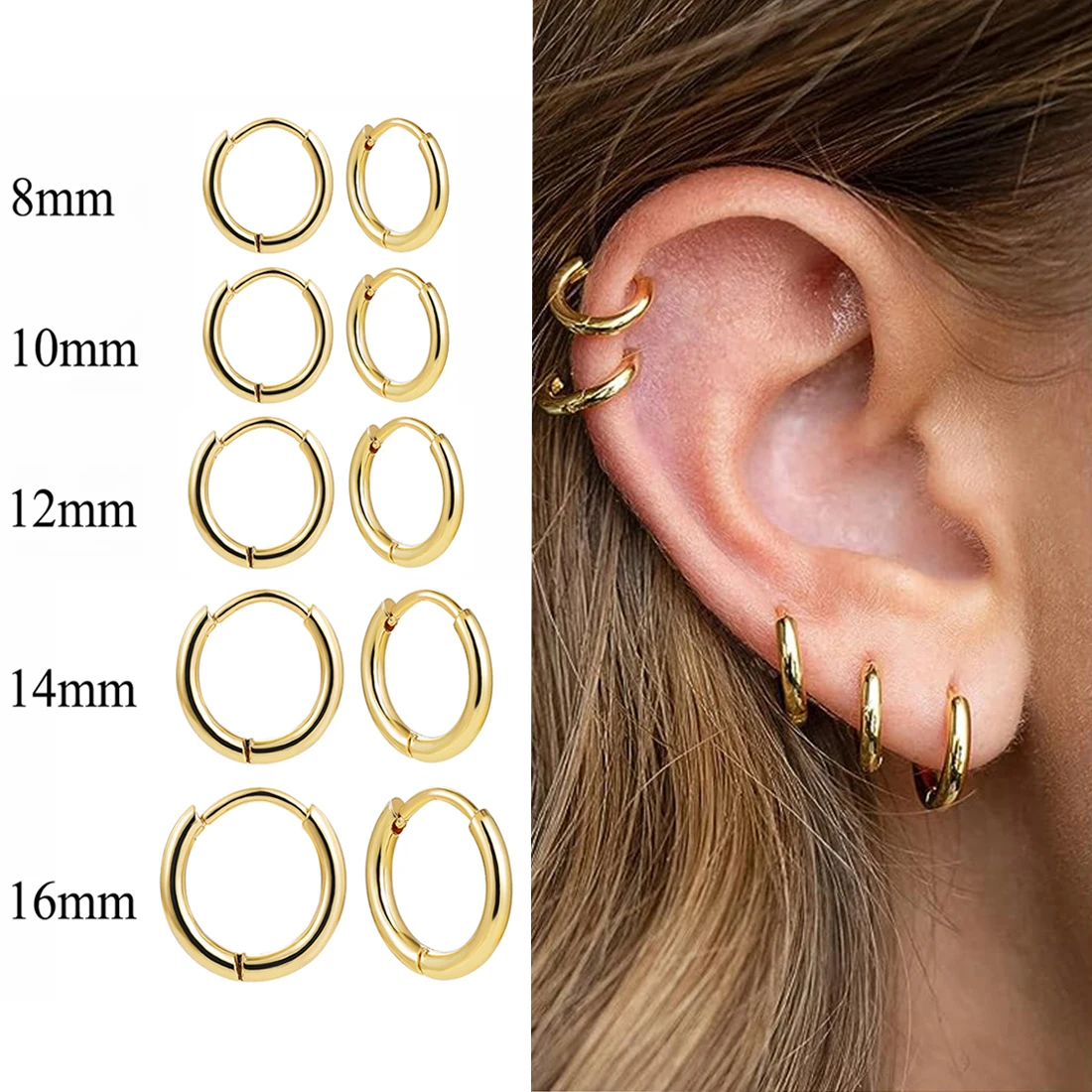 5 Pairs Stainless Steel Solid Round Rings Huggies Earrings Set for Women Men Stackable 18K Gold Plated Tiny Ear Cartilage Hoops
