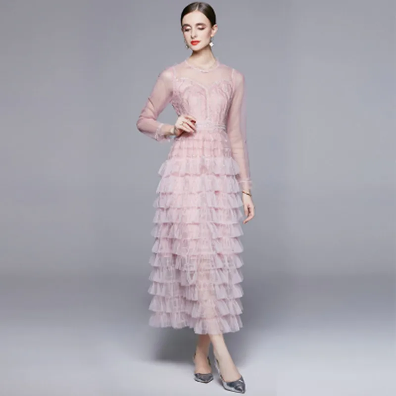 

2024 New Autumn Fashion Embroidery Layered Ruffles Midi Long Dress Women Long Sleeve Party Dress Vestidos