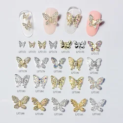 10Pcs Gold/Silver Multi-Designs Nail Art Jewelry Charms White/AB Crystal Rhinestones 3D Butterfly Shaped Alloy Nail Accessories