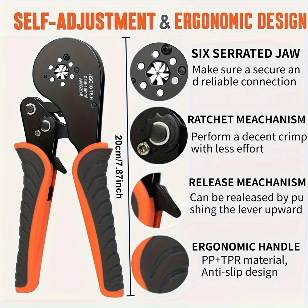 HSC8 16-6 Sechskant-Crimper-Set mit 800 Stück PVC-isolierten Aderendhülsen, 0,08-16mm² AWG30-5 für elektrische Verbindungen – Detail 1