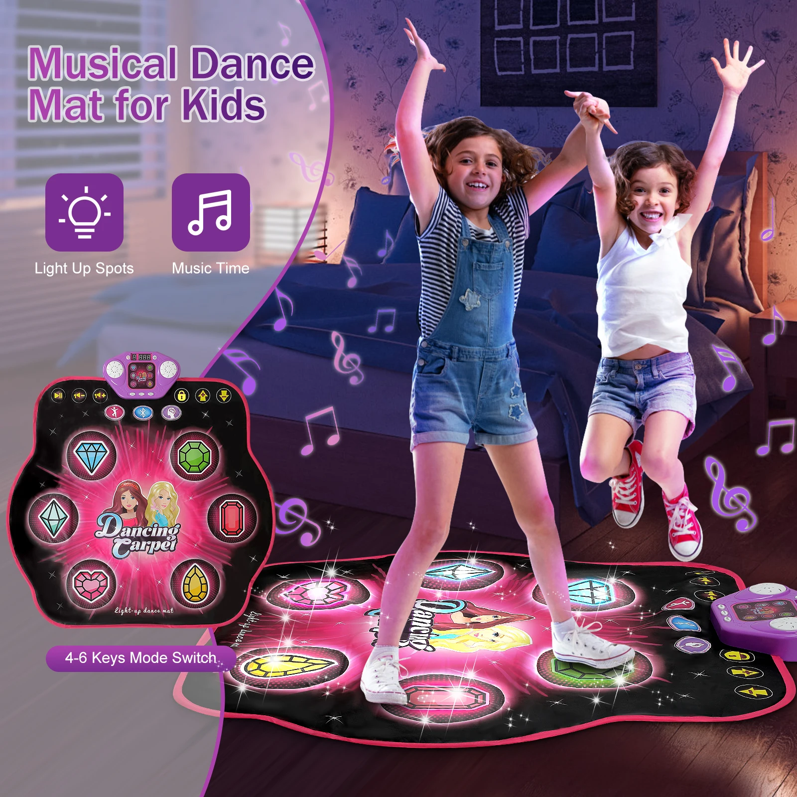 Tapete de dança ao ar livre VATOS 27 níveis para meninas crianças 6 teclas LED iluminam bloqueio Bluetooth 5 música jogo de dança brinquedo idades de 3 a 8 anos de idade