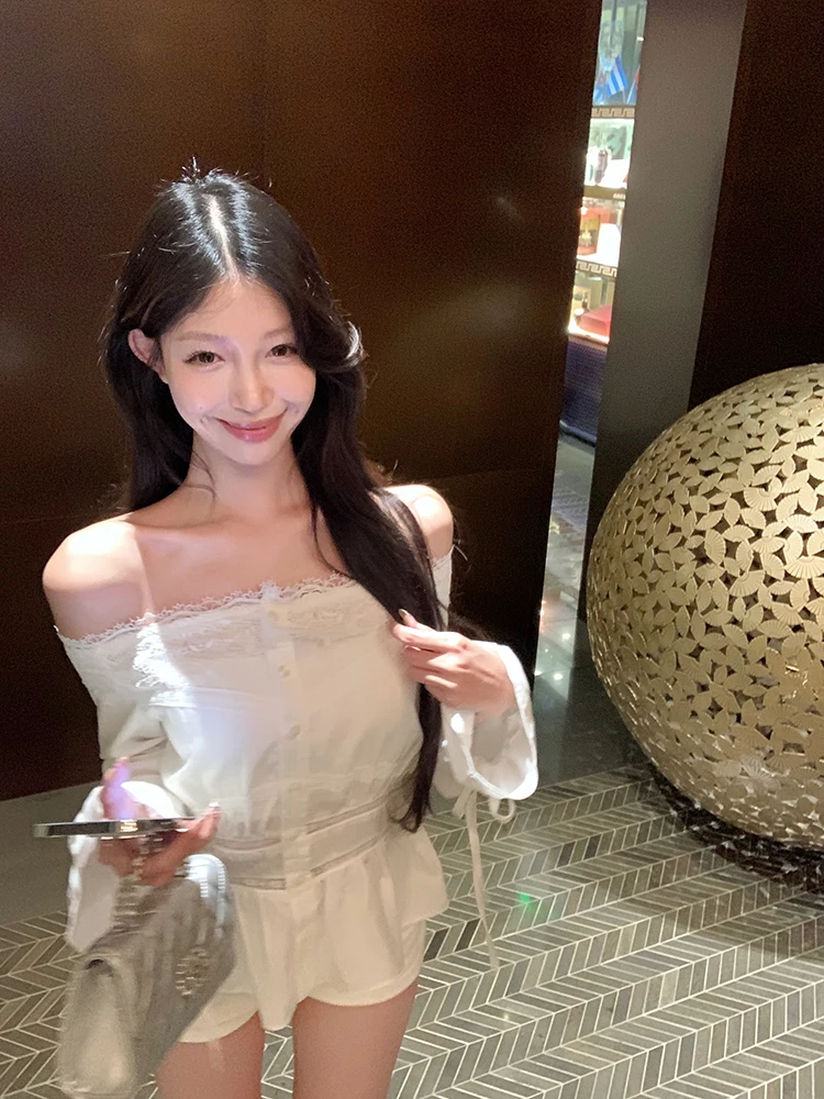 

Ruffle Sleeve Lace Splice Shirt Women's Slim Fit Design Spring Pure Desire Short White Top One Shoulder Korean Style Commute ...