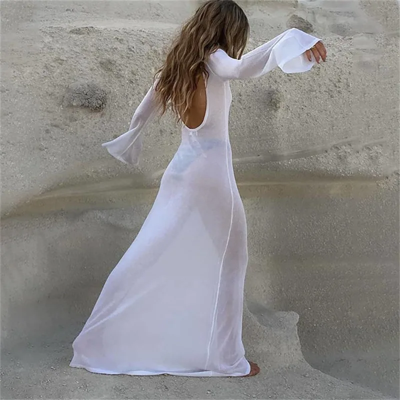 HOUZHOU-Vestido largo de manga larga con espalda descubierta para mujer, traje Sexy de malla transparente, color blanco, elegante, para vacaciones en la playa, 2024