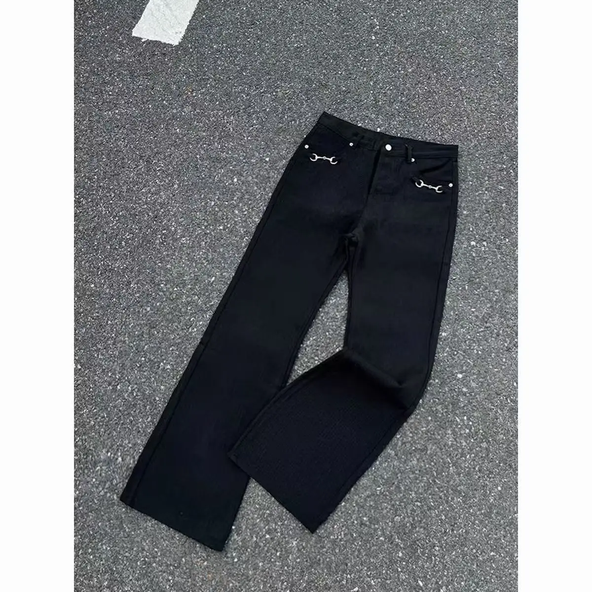 American Retro buckle Design Spring And Autumn Washed Micro-Flare Jeans Men And Women High-Waisted Hip-Hop Loose Wide Leg Jeans - Image 6