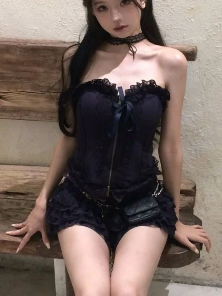 

Spring Gothic Retro Sweet 2 Piece Set Women Y2k Strapless Design Elegant Mini Skirt Suit Female Lace Chic Korean Popular Clothes