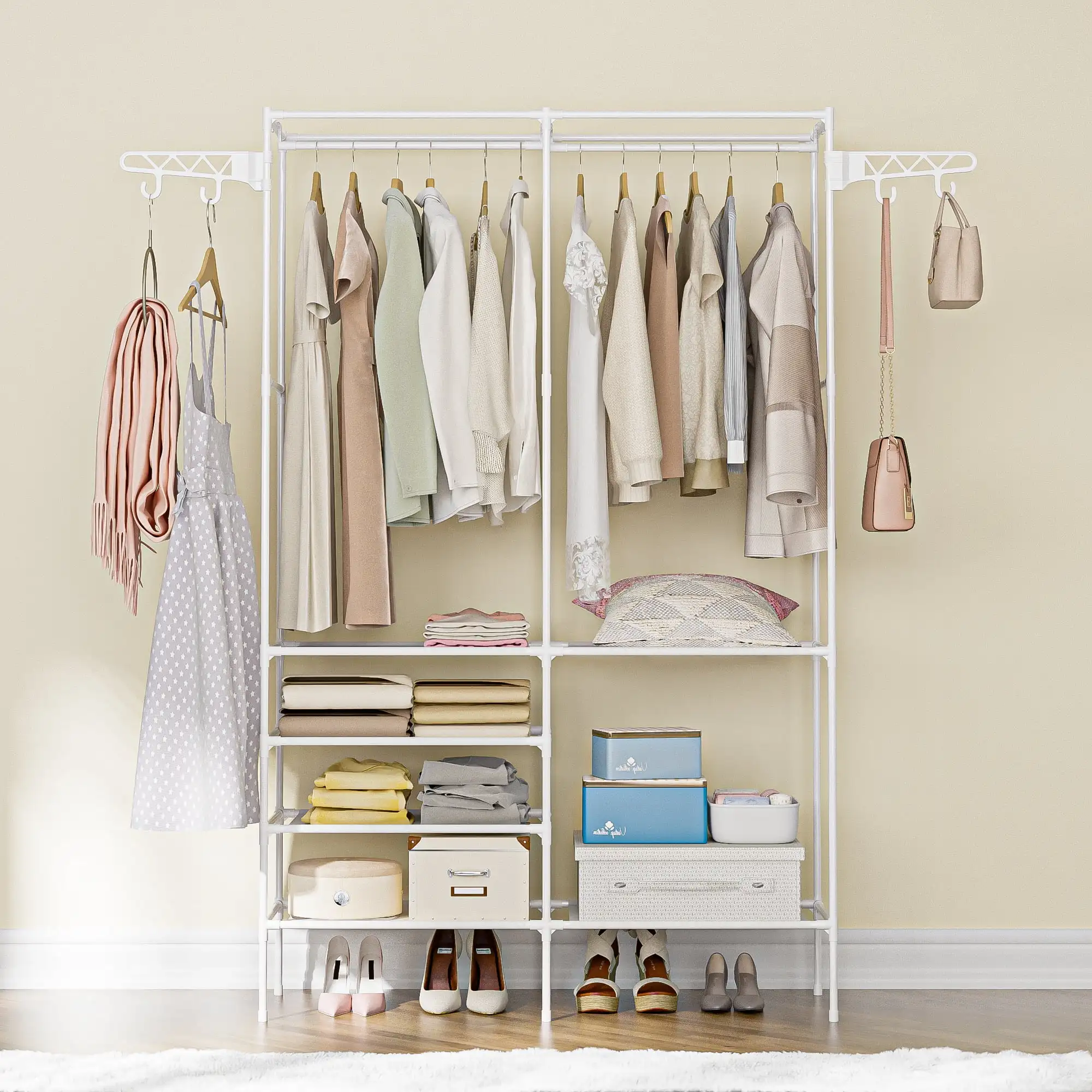 Yoneston Garment Rack Closet Organizer with Hanging Hooks Rods, Freestanding Clothing Rack with Multi-Compartment Storage, White