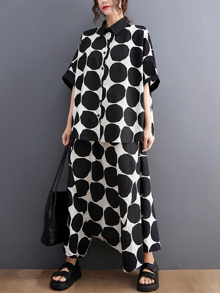 

Two Piece Set Short Sleeve Loose Blouse Women Shirt Top Fashion Clothing Harem Pants Suit XQ10