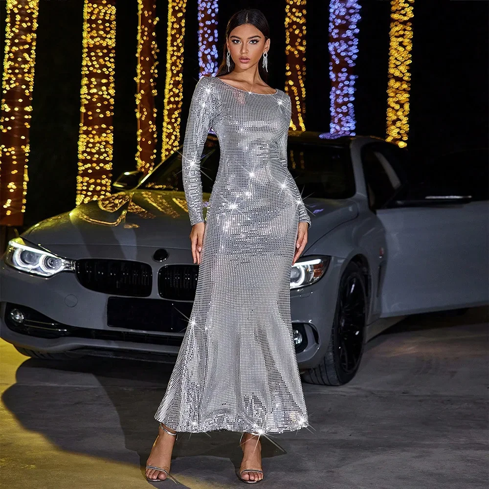 Sexy Fashionable Autumn Winter Dress Fitted Long Sleeves Maxi Dress Slim Hot Girl Birthday Party Sequined Evening Dresses