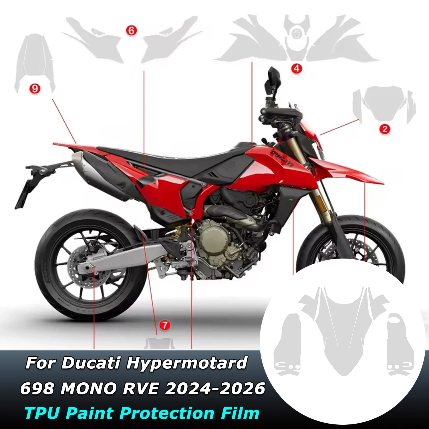 PPF Motorcycle Paint Protection Fits Fairing Protection Clear TPU Anti-scratch Film For Ducati Hypermotard 698MONO RVE 2024-2026