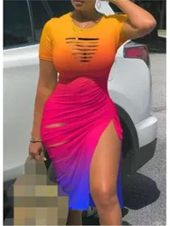 Summer New Women's Sexy Burnt Flower Piercing Open Fork Drawstring Wrap Hip Casual Short Sleeve Round Neck Dress
