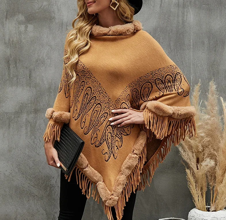 Fur Collar Winter Shawls And Wraps  New Cape  Print Tassel Coat  Women Winter Lady Ponchos  Capes   Red Cloak