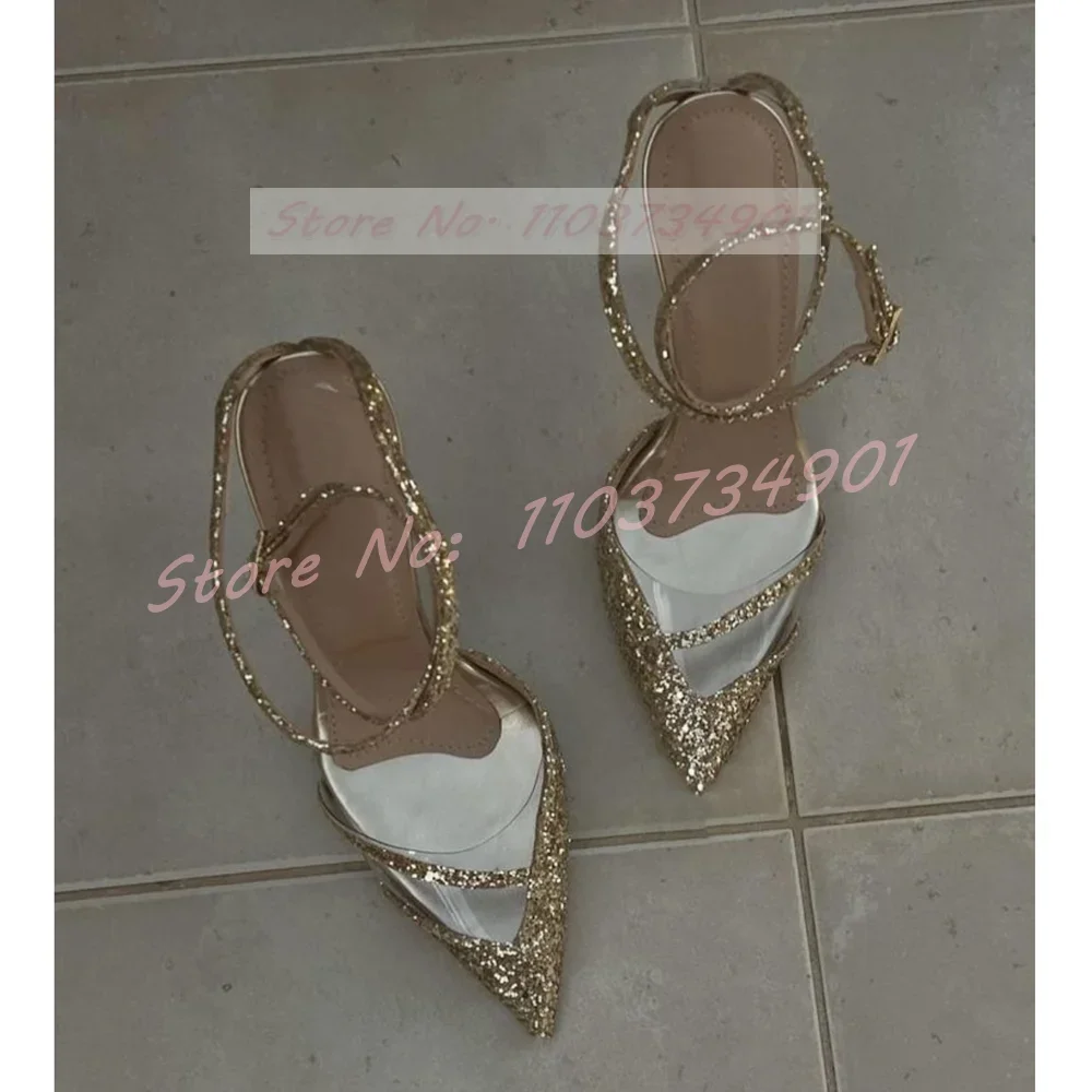 

Gold Bling Glitter Sandals Ladies Elegant Cross Strap PVC Pointy Toe Stiletto High Heels Shoes Female Party Fashion 10CM Sandals