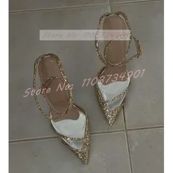 Gold Bling Glitter Sandals Ladies Elegant Cross Strap PVC Pointy Toe Stiletto High Heels Shoes Female Party Fashion 10CM Sandals