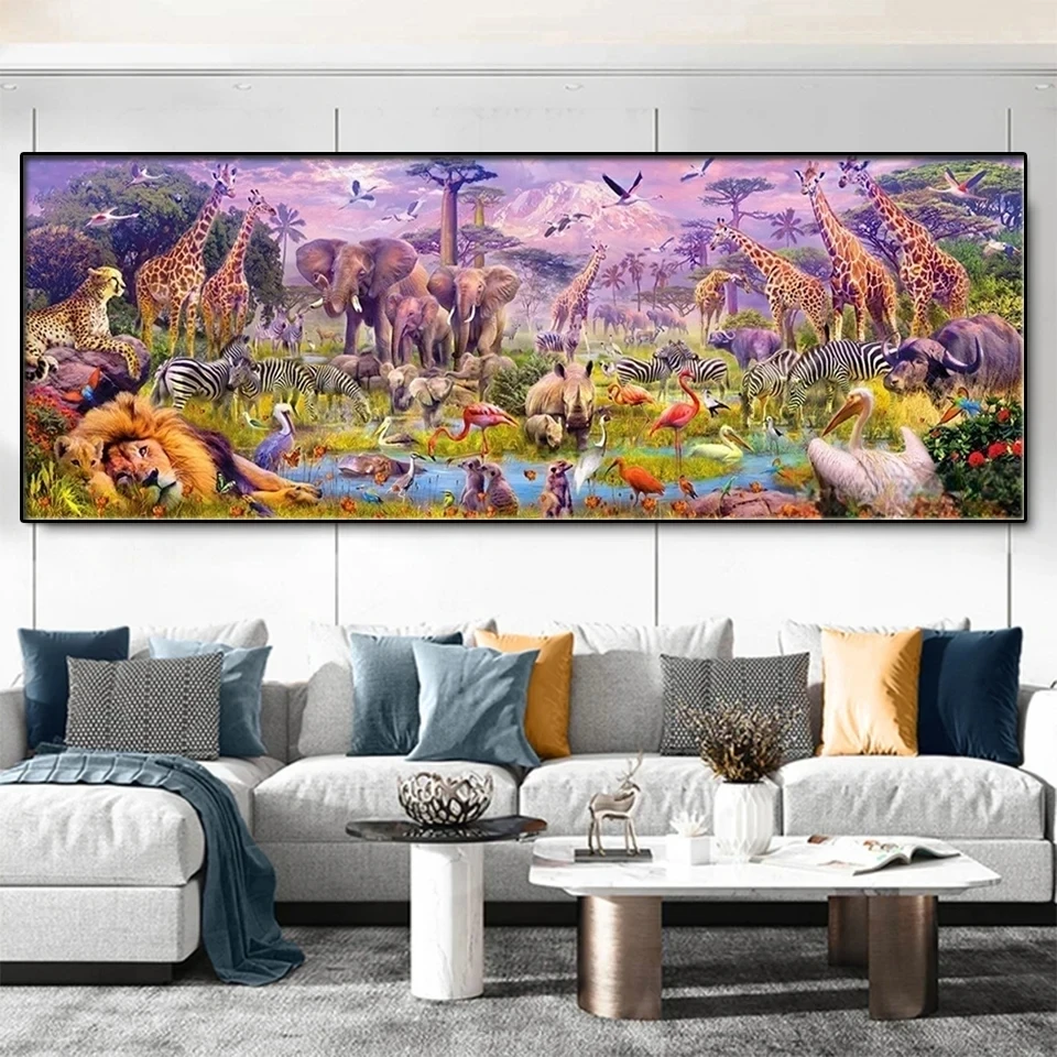 Large Diamond Painting Lion Tiger Elephant Giraffe Buffalo Wild Animals Paradise 5D DIY Full Diamond Mosaic Home Decor GB255