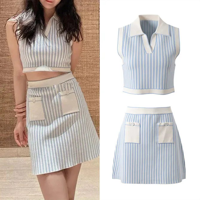 

Высококачественный женский вязаный свитер в синюю полоску и комплект с юбкой в европейском стиле, повседневный милый комплект высокого класса