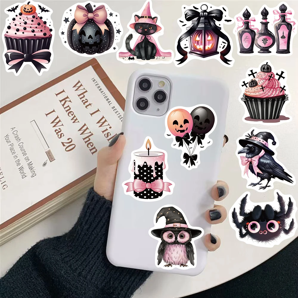 50 قطعة من ملصقات الهالوين اللطيفة باللون الأسود والوردي والدراجة القوطية المقاومة للماء للأمتعة والقهوة والظلام وملصقات الهاتف المحمول #4