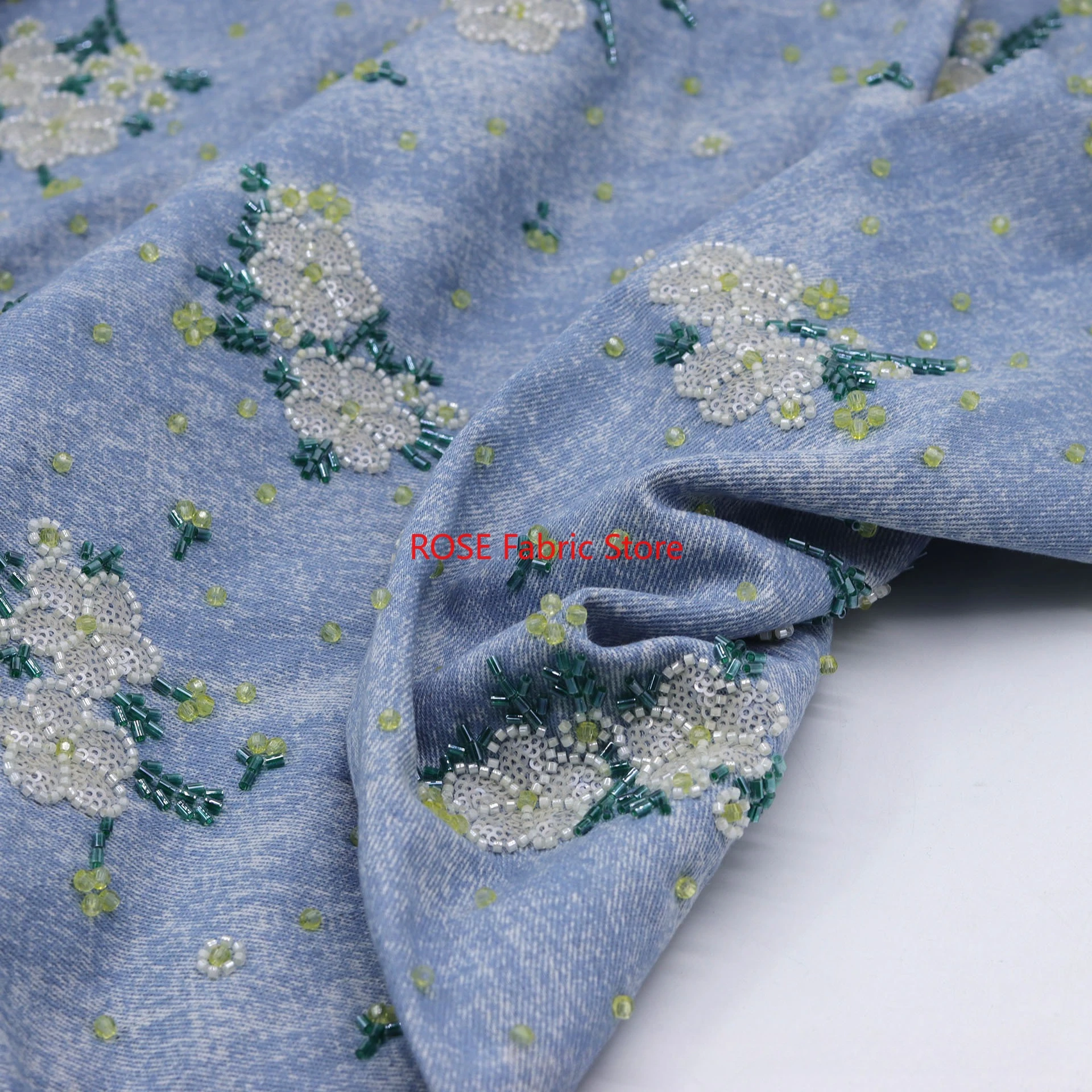 

Exquisite beaded flower embroidered denim fabric For coats, shirts, pants, bags, DIY hand sewing, designer fabrics