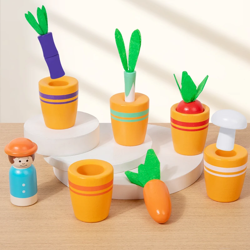 Children's Cute Flower Pot Planting Color Matching Game Vegetable Size Cognitive Thinking Training Puzzle Wooden Toy