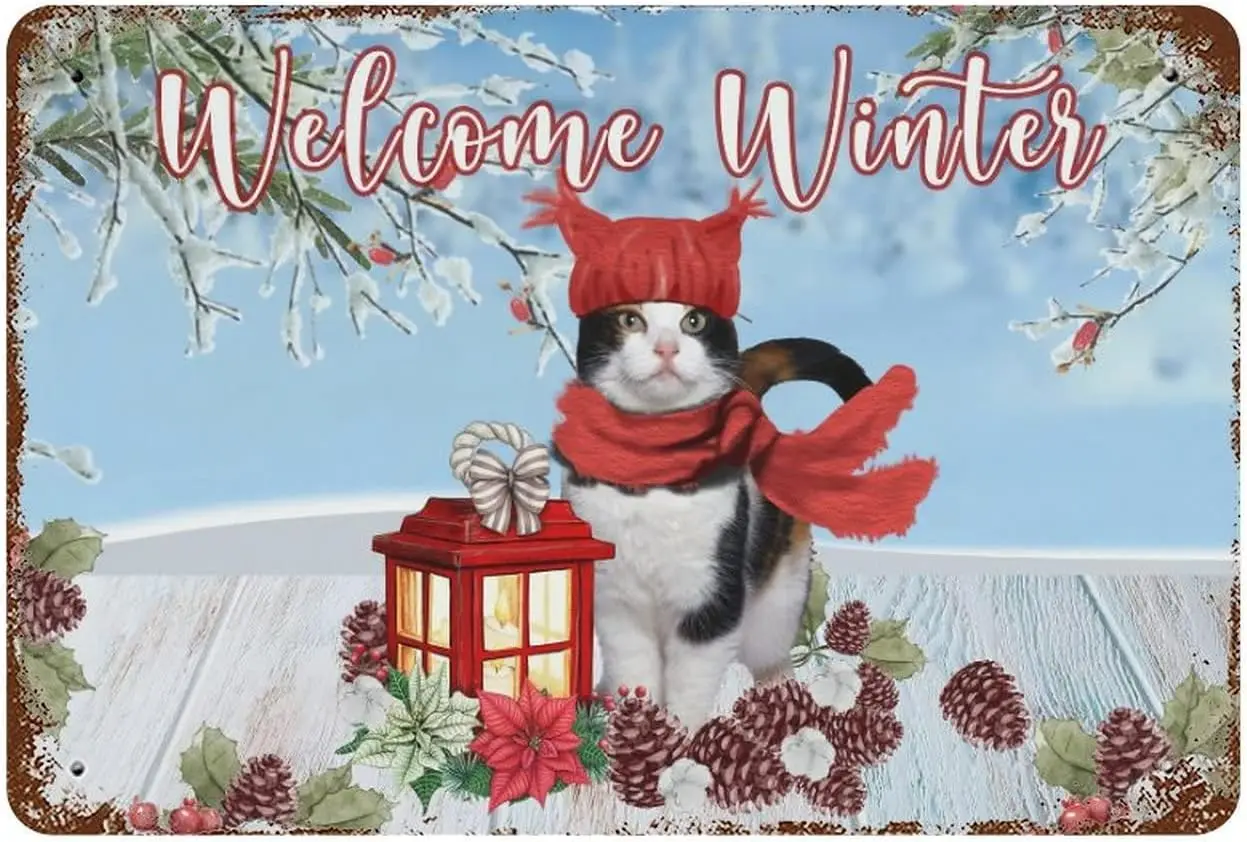 Metal Tin Sign Vintage Style Merry Christmas Welcome Winter Cat Plaque Garage & Home Cafe Bar Club Wall Decoration Plaque Si