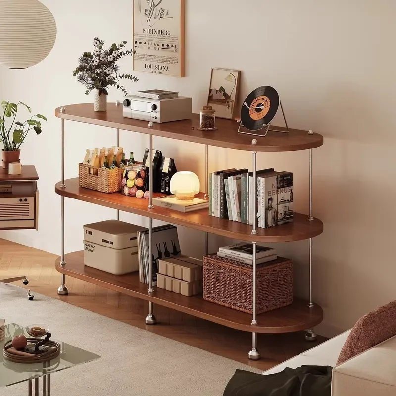 Three-story wooden shelf metal frame capsule-shaped open shelving unit, mid-century modern style, suitable for living room