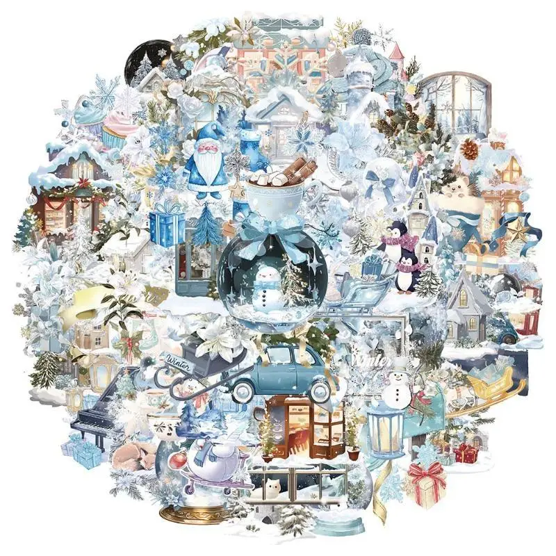 50PCS Dreamy Blue Winter Watercolor Art PET Sticker Snowman Snow Castle Christmas Tree Flower Beautiful Art Decoration Scrapboo