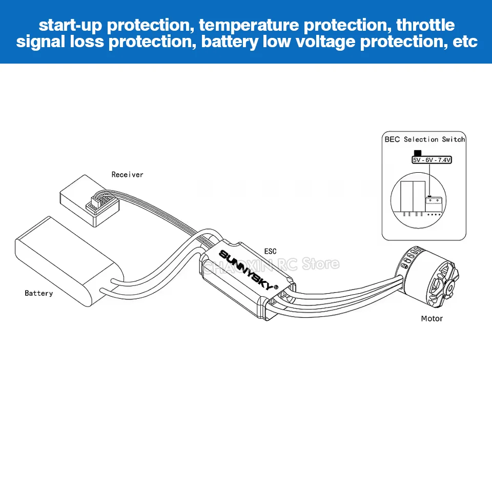 SunnySky X-SERIE ESC 80A 2-6S LiPO ESC 8-bit C8051 kern ingebouwd 5V/6V/7,4V, 5A verstelbare BEC super anti-interferentie