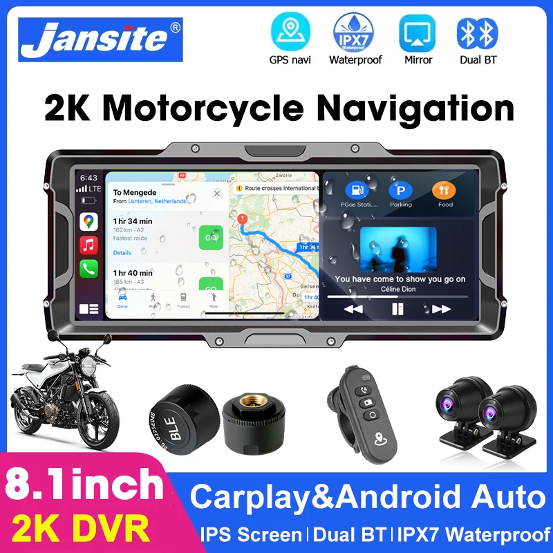 

8.1 inch Motorcycle GPS Navigation 2K DVR For Wireless Carplay Android Auto Dual BT 5.0 IPX7 Waterproof Moto Display Recorder