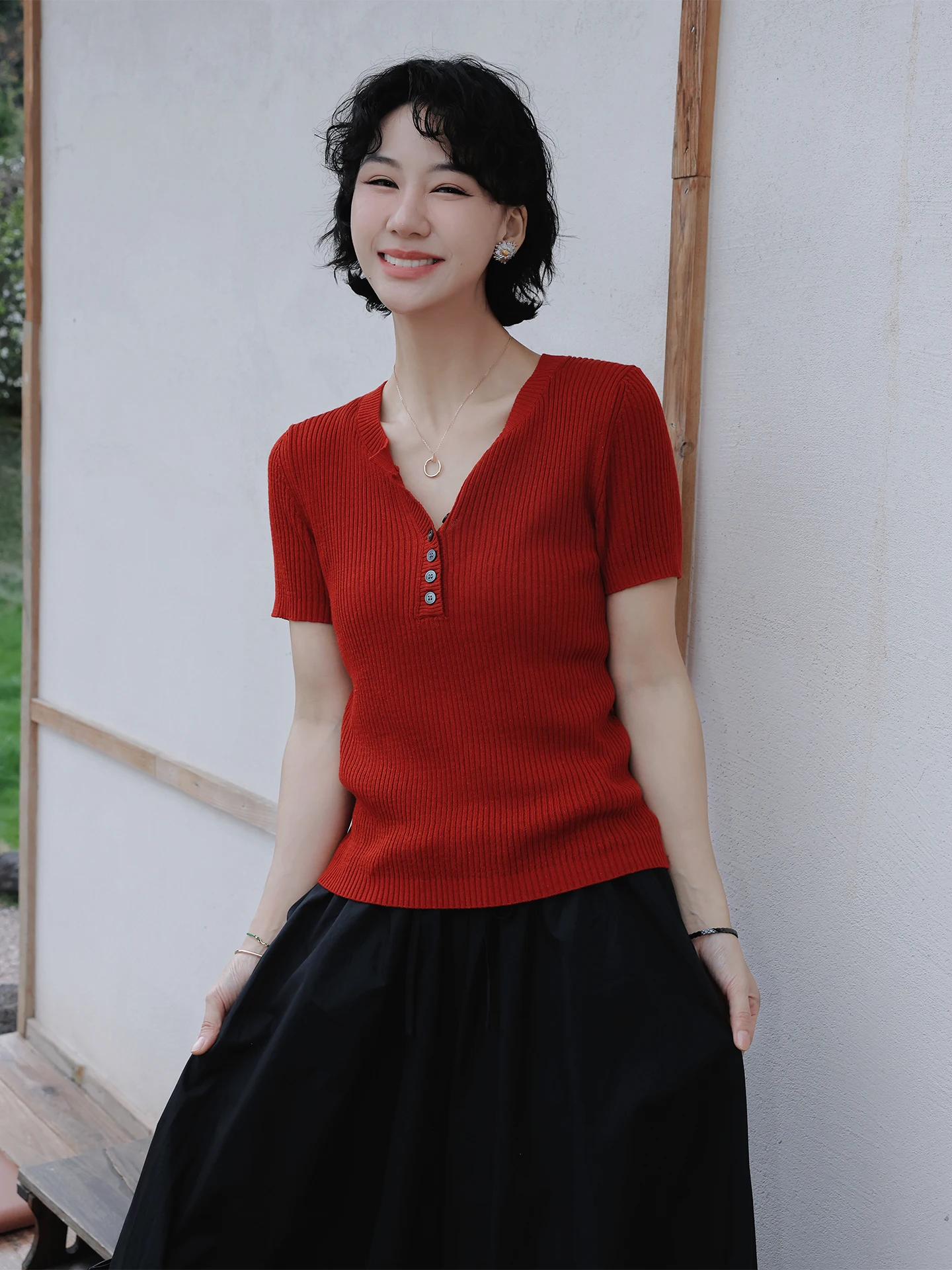 

TT 【Evening Curtain Shadow】Женская трикотажная кофта с воротником Хенли, приталенного кроя, с коротким рукавом, повседневная, весна-лето, новый стиль