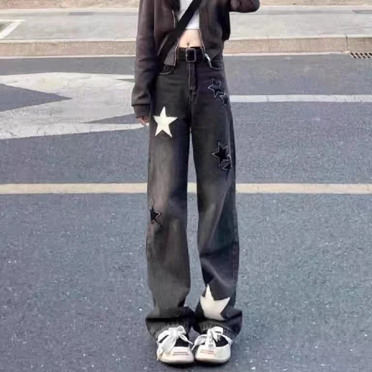 

plus Size American High Street Star Denim Pants Women's Autumn Winter New Design Slim Straight Wide Leg Long Trousers