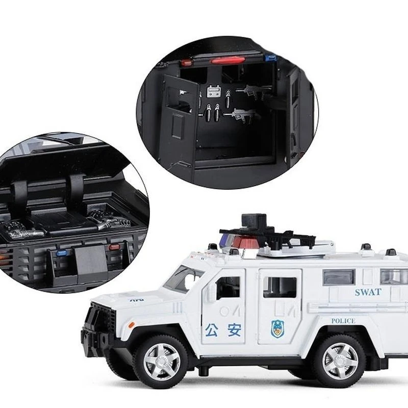 Camión antisecuestro SWAT de policía a escala 1:32, modelo de coche de aleación con luces intermitentes y extraíbles para niños pequeños